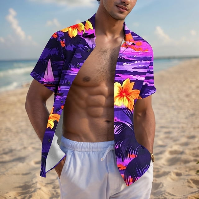 Blusa y camisa de manga corta con cuello vuelto para hombre, blusa informal de moda con cuello vuelto, blusa estampada de manga corta con botones, blusa de poliéster para hombre