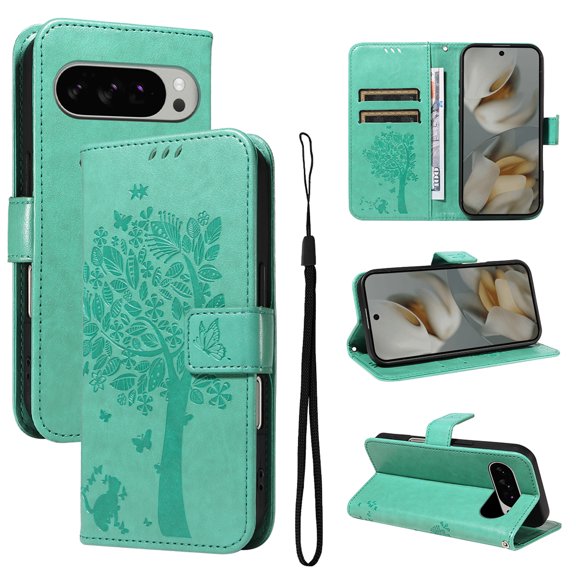 Compatible with Google Pixel 10 Pro XL Wallet Case with Kickstand Credit Card Holder Slots Cute Cat Butterfly & Tree Embossed Premium PU Leather Protective Phone Case with Wrist Strap,Green