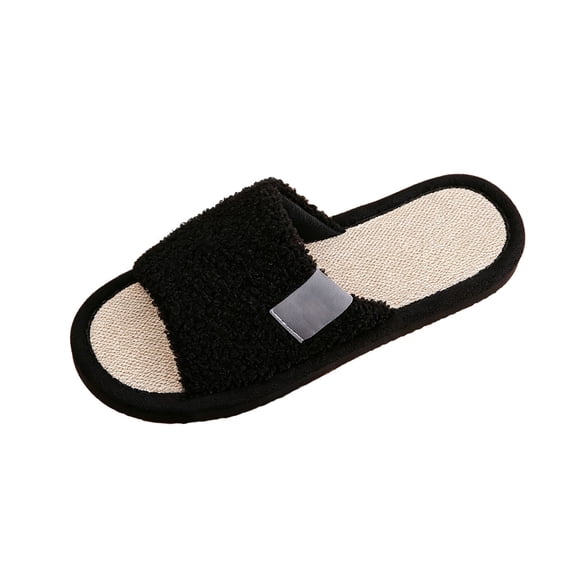 XFeng Women’s Open Toe Fuzzy Slide Slippers, Solid Black Faux Fur Soft Plush House Slippers, Non‑Slip Indoor Bedroom Slippers