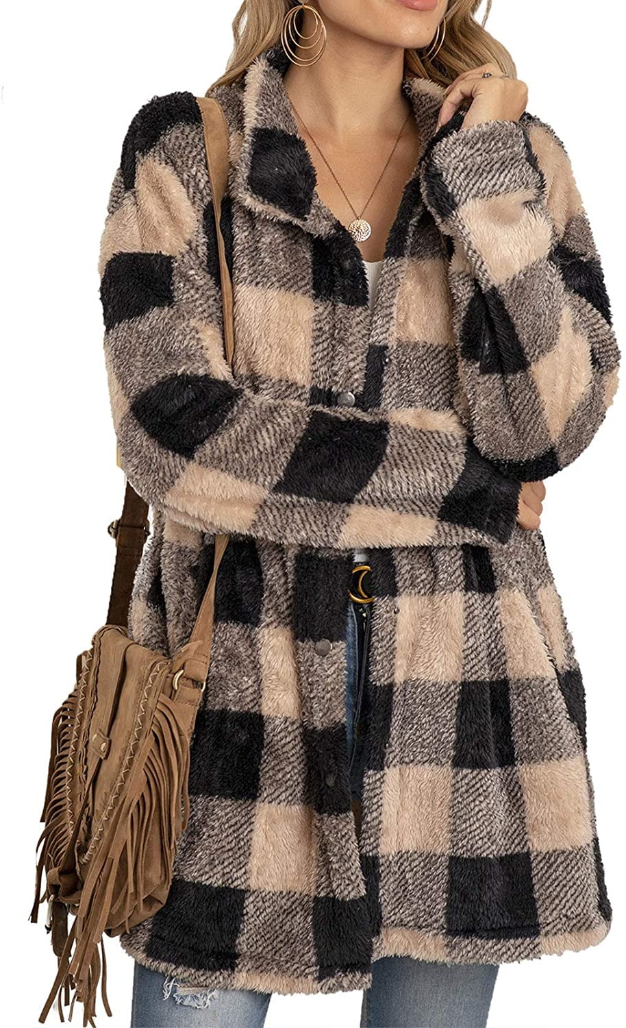 Womens Coat Fleece Winter Warm Lamb Wool Fuzzy Outwear Plaid Print Button Fall Jacket Long Sleeve Lapel Outwear Oversized