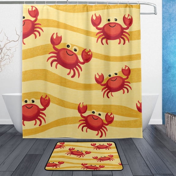 TTYFWHD 60" x 72" Shower Curtain and Bath Mat Set Yellow Wave Crab Design Waterproof Bathroom Curtain with 12 Hooks, Bathroom Decor Set