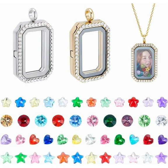 Golden Locket Necklace Charm Platinum Floating Pendant Rectangle Memory Pendants Glass Locket Pendant with Heart Flower Glass Cabochon