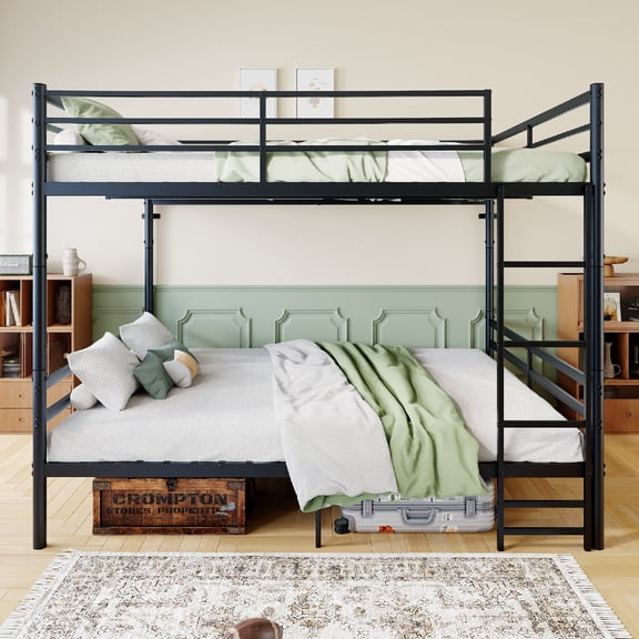 Queen Over Queen Bunk Bed, Heavy Duty Metal Bunk Bed Frame with Ladder, High Guardrails, 880 lbs Capacity, Convertible Split Queen Bed, No Box Spring Needed, Mattress Not Include