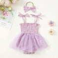 thumbnail image 2 of Tfken Summer Outfit Sets For Girls Sleeveless Print Spaghetti Strap Dress With Bowknot Headband Set Fashion Summer Toddler Classic Outfit Purple Size 3-6 Months, 2 of 3