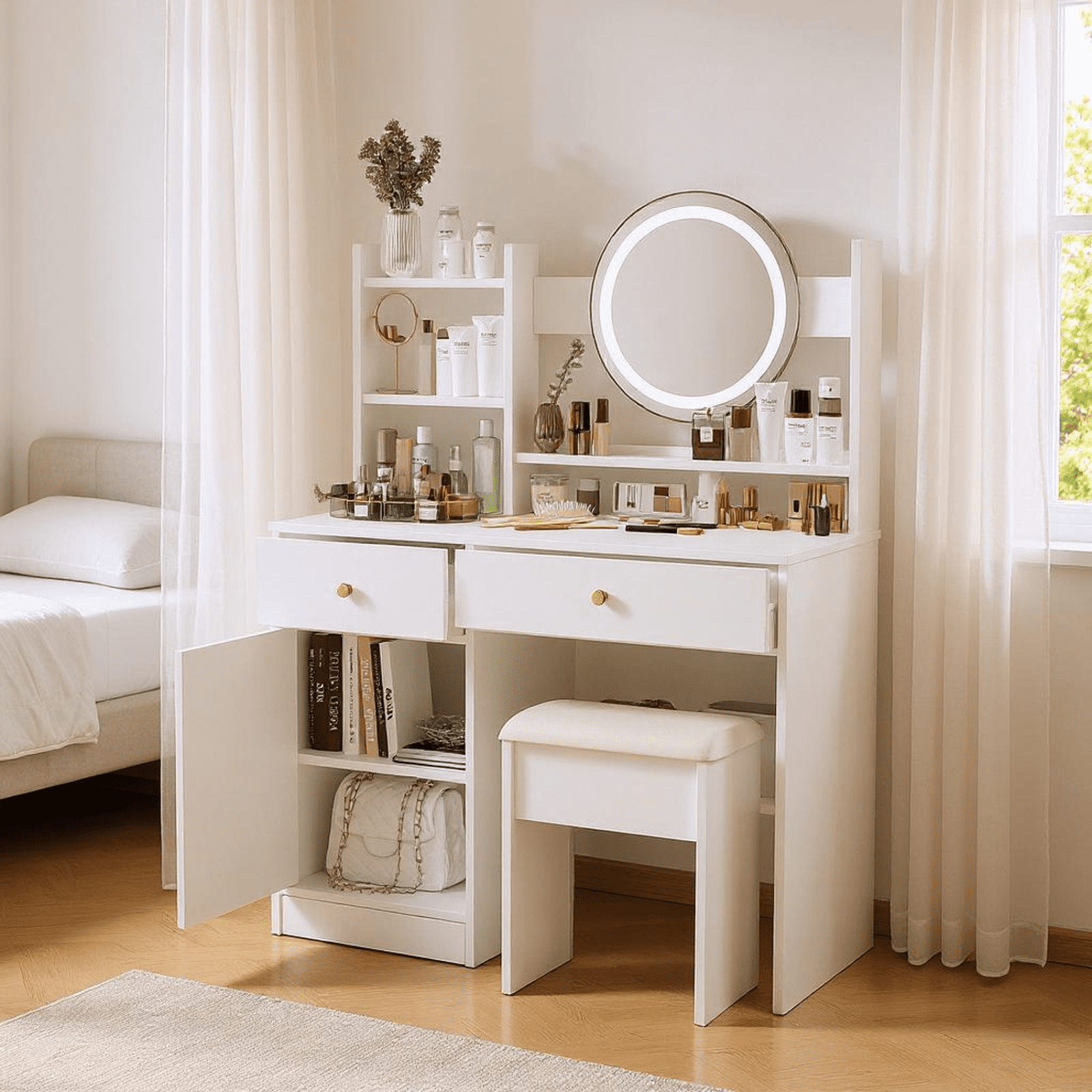Homy Casa Modern White Vanity Desk with LED Mirror, Makeup Vanity Table with Drawers and Stool for Bedroom