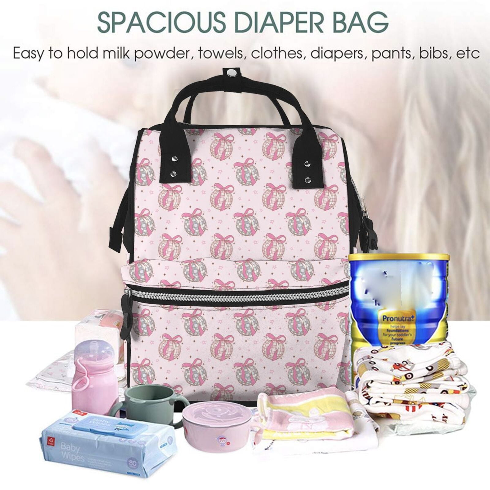 Ratiio Pink Disco Ball Mummy Backpack - Waterproof Twill Canvas, Large Capacity Diaper Bag with Multiple Pockets and Adjustable Straps