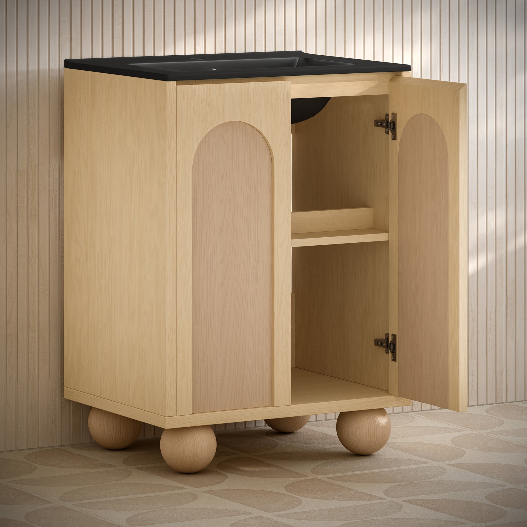 Plaisir II 24" Freestanding Bathroom Vanity in Natural Oak with Black Sink Top