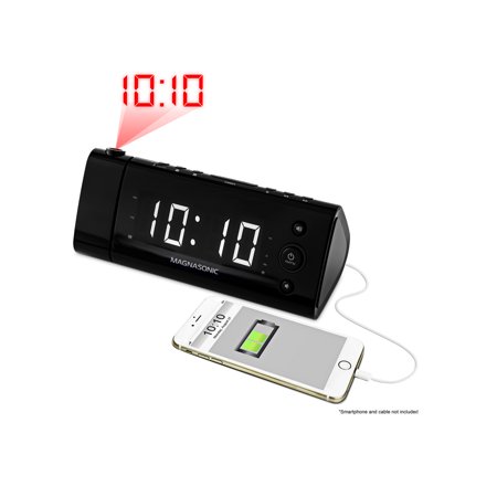 Magnasonic USB Charging Alarm Clock Radio with Time Projection, Battery Backup, Auto Time