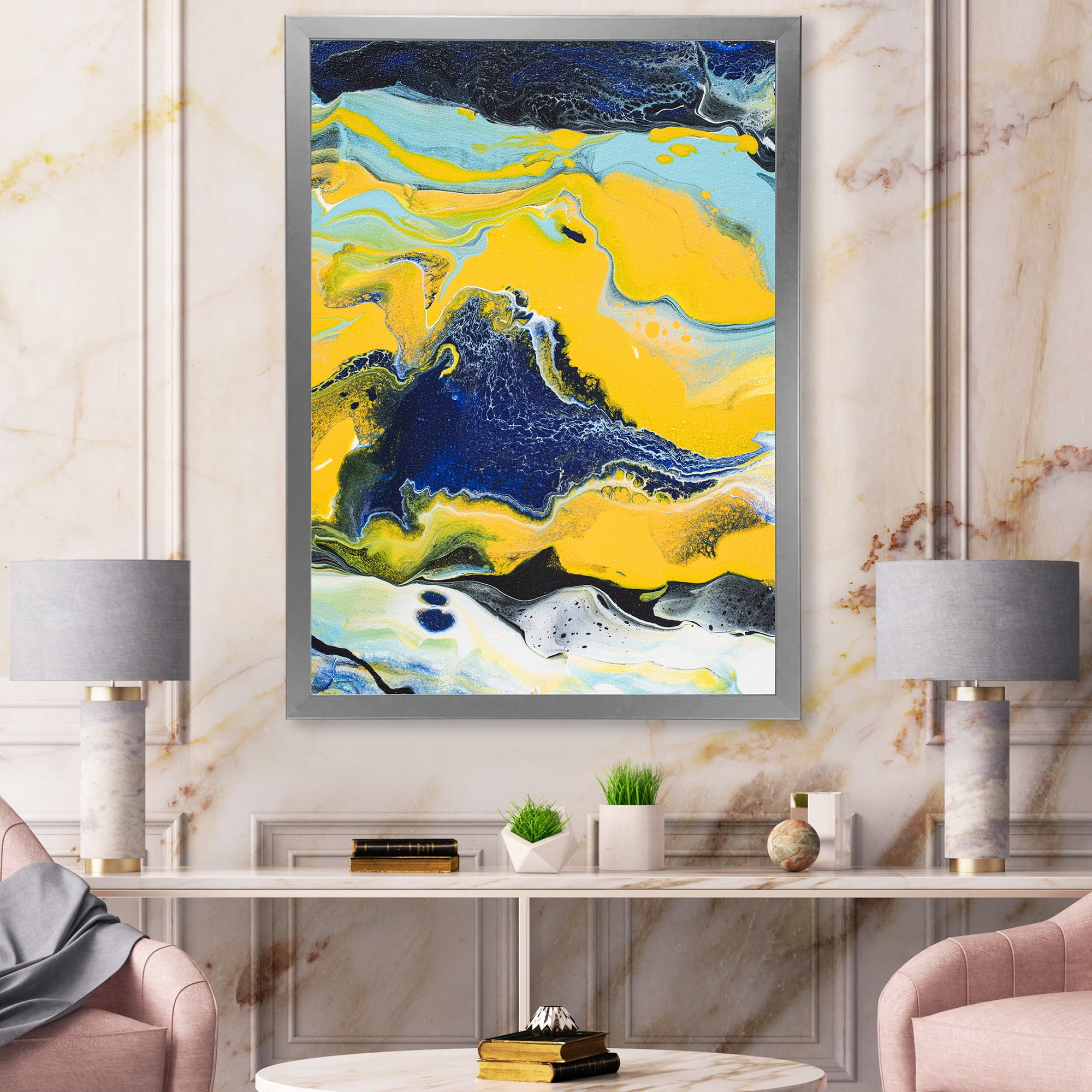 Designart 'Abstract Marble Composition In Blue and Yellow I' Modern Framed Art Print