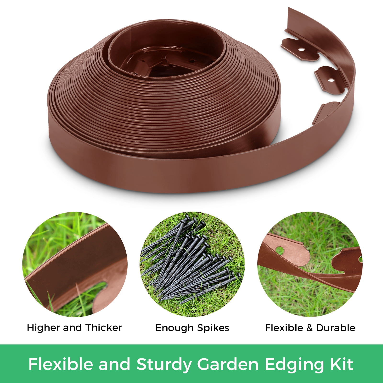 2-inch x 33 ft Landscape Edging Border with 50 Spikes, No Dig Garden Edging Lawn Border Kit, Plastic Flexible for Garden Flower Beds Lawn (Brown)