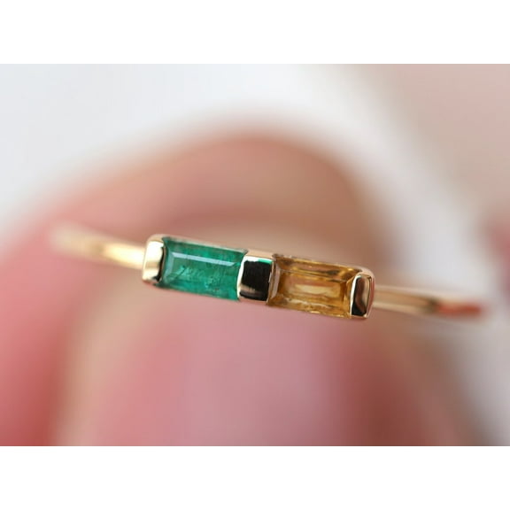 Emerald and Citrine Baguette Stacking Ring | Dual Gemstone Stackable Ring | Dainty and Elegant Baguette Ring