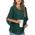 thumbnail image 3 of hotojiny Womens 3/4 Ruffle Sleeve Tops Solid Double Layer Chiffon Blouses Scoop Neck Flowy Tops Fashion Fall Shirt, 3 of 6