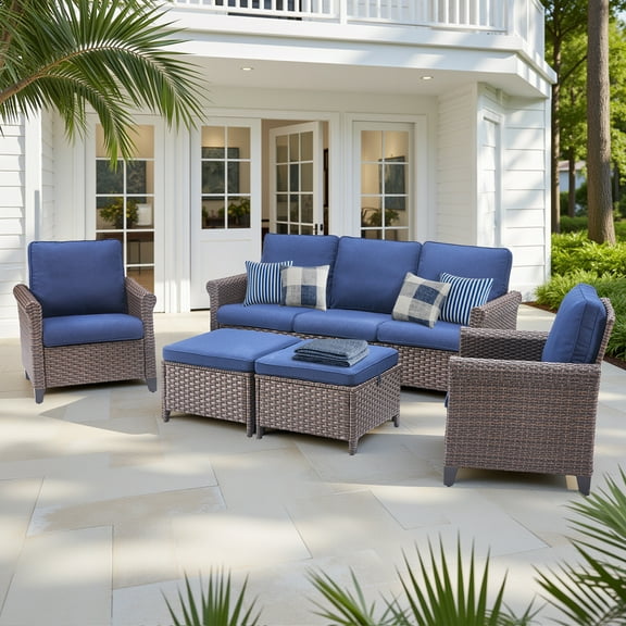 Outdoor Patio Furniture All-Weather Wicker Conversation Set Outside Rattan Sectional Sofa with Cushions for Balcony,Blue Cushion