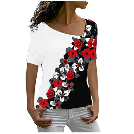 

Women Fashion Short Sleeve Skew Collar T-shirts Top Summer Floral Printed Comfy Tunic Tops Casual Loose Tee