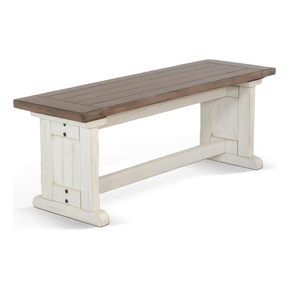 Dean Side Dining Bench- Plank Style Seat- Off White and Brown 48 Inch