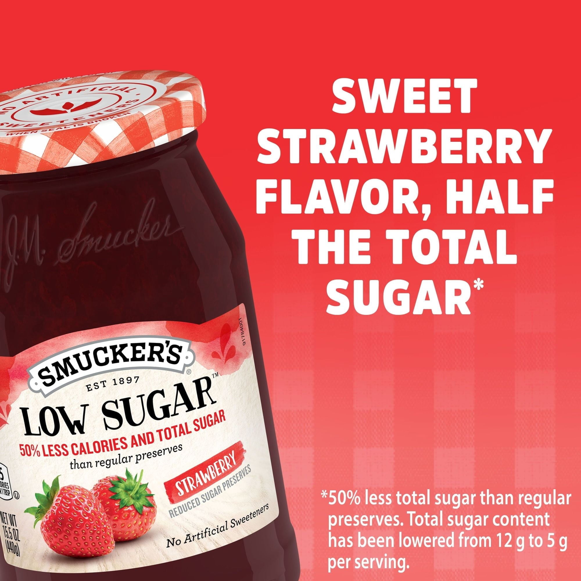 Smuckers Reduced Sugar, Strawberry Preserves, Low Sugar, 15.5oz (12 Pack)