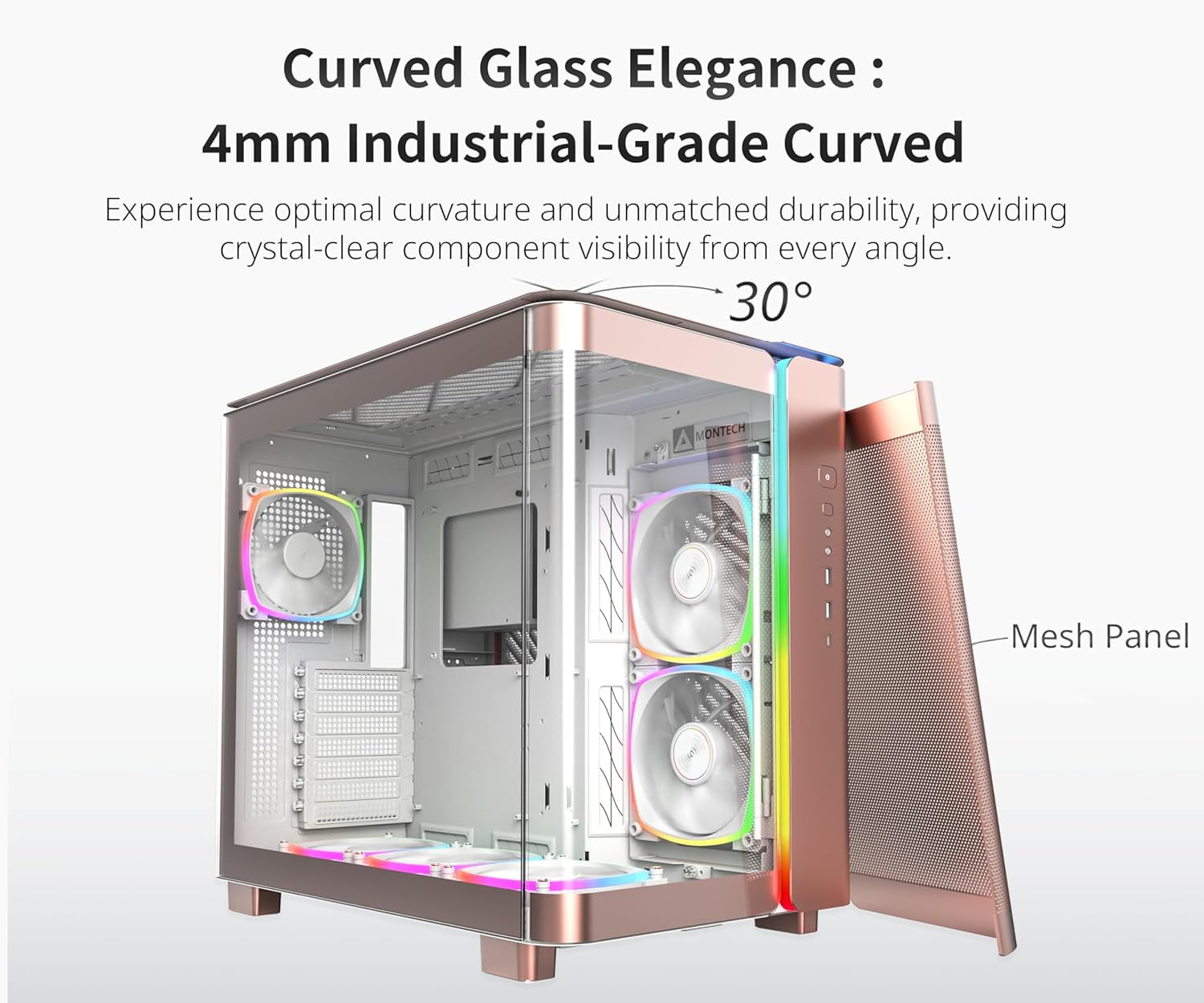 MONTECH, KING 95 PRO Dual-Chamber ATX Mid-Tower PC Gaming Case, High-Airflow, Sturdy Curved Tempered Glass Front, Pink (Rose Gold)