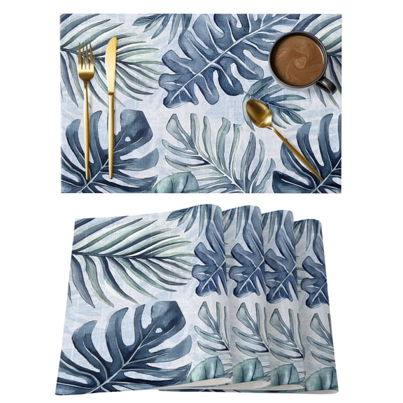 Navy Blue Monstera Deliciosa Placemats Set of 2 Summer Botanical Tropical Place Mats Indoor Wipeable Table Mats Washable Cloth Dining Table Placemats for Kitchen Holiday Party Home Decor 13x19 Inch