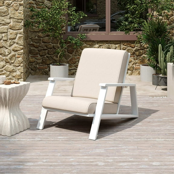 Christopher Knight Home Outdoor Patio Lounge Chair, Wood Frame with Deep Seating, Beige Cushions, White Finish