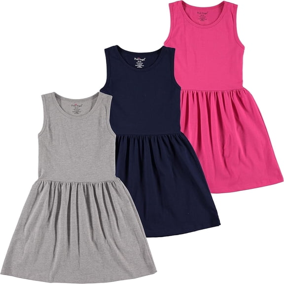 Pink Angel 3-Pack Girls' Dresses, Kids Casual Fit and Flare Sleeveless Summer Dress & School Outfit, 100% Cotton - Grey/Navy/Fuchsia