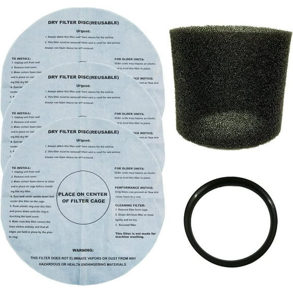 Foam Filter Sleeve for Shop Vac & Dry Filter Discs (5-Pack) -1 Foam Sleeve, 3 Reusable Dry Filters, 1 Mounting Ring Compatible with Shop Vac, Ridgid, Craftsman and other WetDry Vacuums