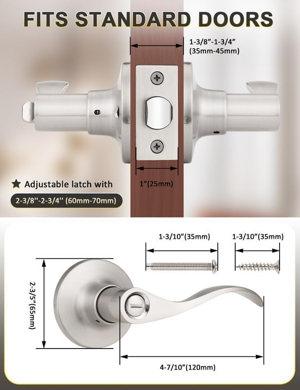 3 Pack Satin Nickel Privacy Door Lever, Modern Interior Door Knobs Locks for Bedroom and Bathroom, Heavy Duty Door Handle, Reversible Wave Lever Handle