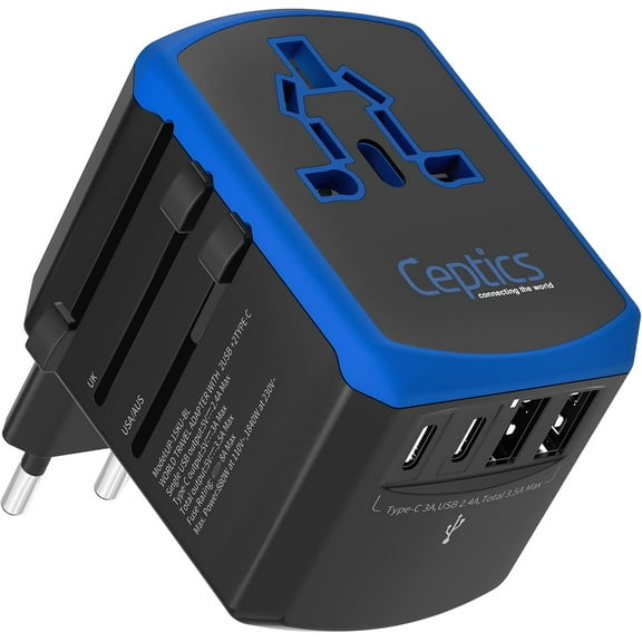 Ceptics Universal Travel Adapter, 5 in 1 Universal Laptop Charger with 2X USB-A & USB-C 3.5A for Mobiles, Laptops, Cameras US, UK, EU, AU, All in 1 Type A, C, G, I Output,