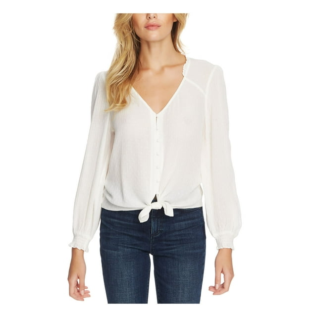 1. STATE Blouse à Col en V pour Femmes, Blanche, Texturée, à Nouer devant, Boutonnée, à Volants, Style Pouf, S