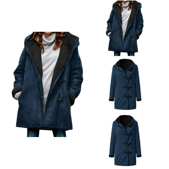 Antinious Cardigan Sweaters Plus Size for Women Hooded Solid Fleece Lined Outerwear Long Sleeve Button Casual Pocket Knit Jacket,Women Winter Sweater Coat,Womens Trench Coat,Navy,L