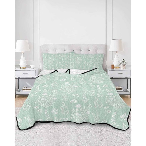 Quilts King Size, Mint Green Botanical Soft Comforter Bedding Set for Bed, Summer Chic Wildflowers Lightweight Quilted Bedspread with Pillow Cover(2 Pieces) for All Season, 96x106 Inch