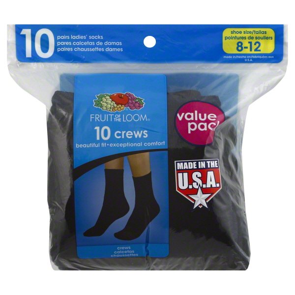 Fruit of the Loom Womens Value 10 Pack Crew Socks, 812, Black