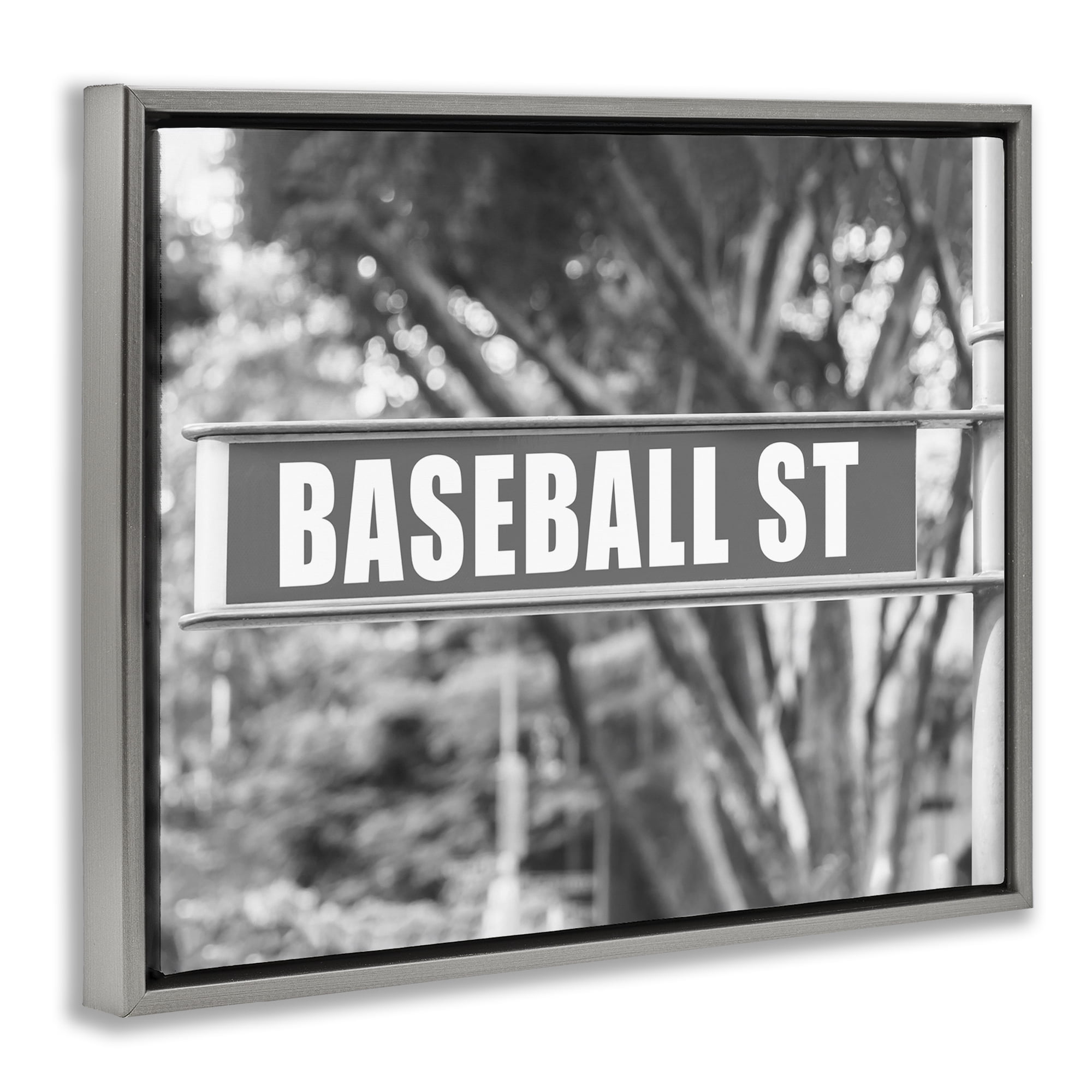 Stupell Industries Baseball Street Sign Sports Photography Gray Floater Framed Canvas Art Print Wall Art, 21 x 17