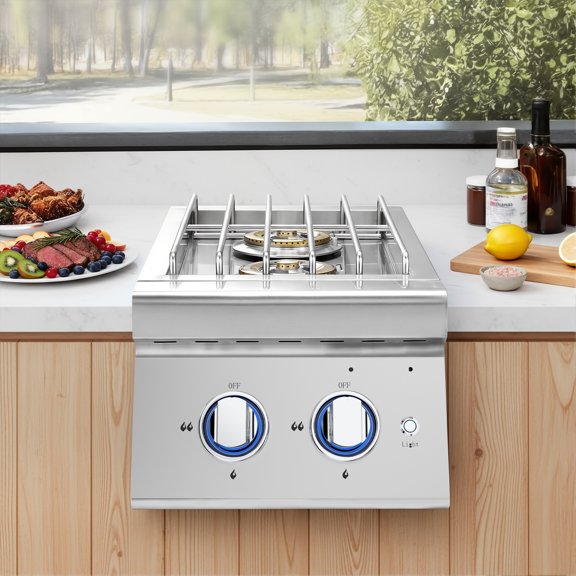 imerelez 34K BTU Double Side Burner, Built-in with LED for Outdoor BBQ Island, 304 Stainless Steel, Converts NG/Propane