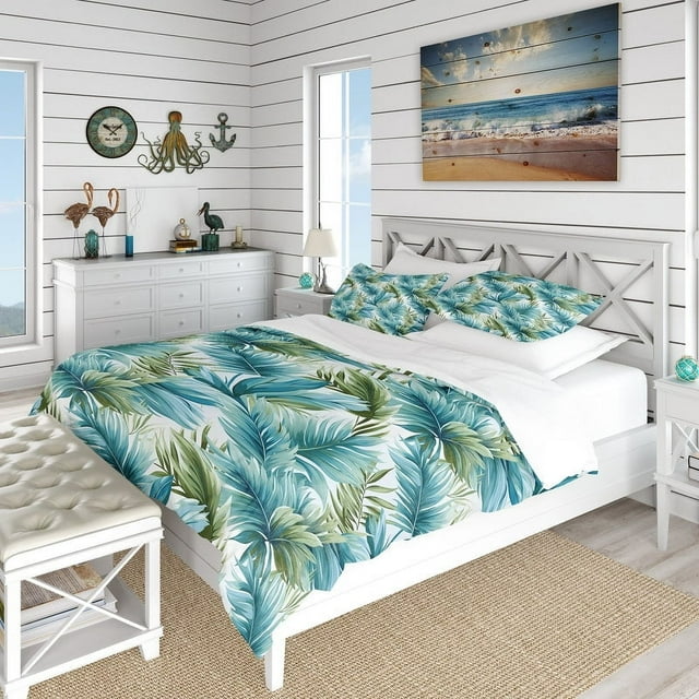 Designart "Azure And Green Canopy Tropical Pattern" Juego de cama floral verde