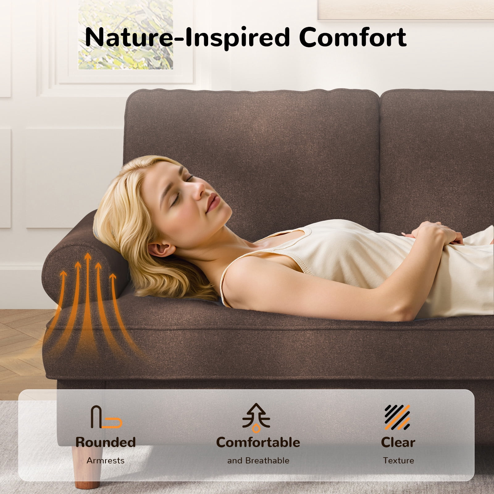 Patbrela 87" Sofa Couch, Comfy Extra Deep Seat 3 Seater Couch for Living Room with Soft Upholstered Round Arms, Free 2 Pillows, Brown