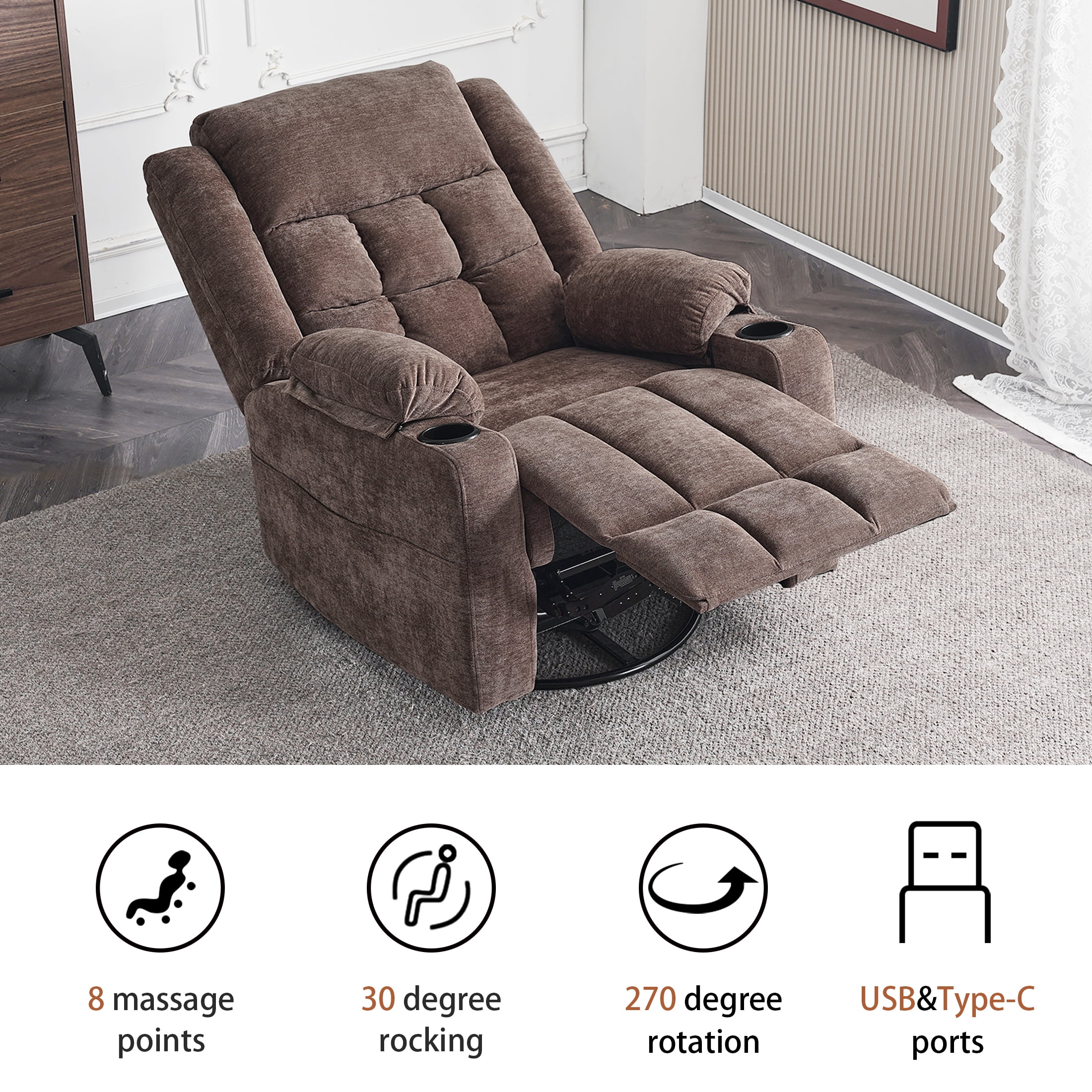 Sfxingyou Power Swivel Recliner Massage Chair, USB and Type-C Ports, Glider Chairs Living Room,Coffee