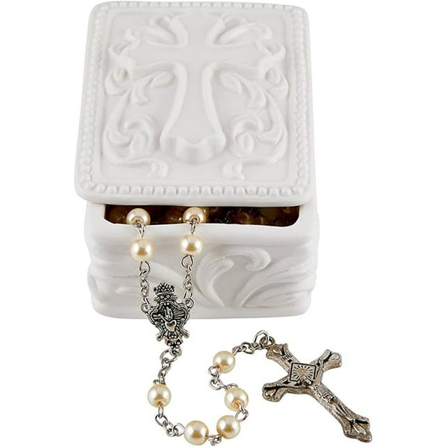 Boîte à Bijoux en Porcelaine Blanche avec Chapelet (Rectangle)