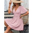 thumbnail image 3 of Dusty Pink Solid Cross Wrap Short Sleeve Ruffle Waist Pleated Mini Dress, 3 of 8