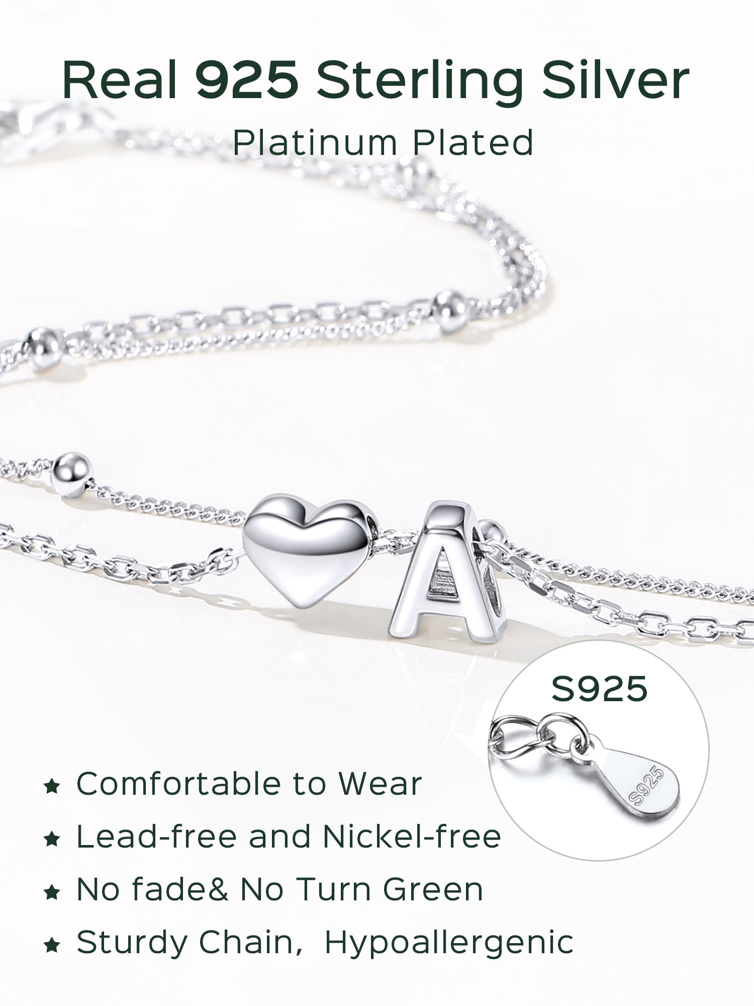 ChicSilver 925 Sterling Silver Initial Anklets for Women, Ankle Bracelets Hypoallergenic, Dainty Layered Heart Anklet With Initials 8.7-10.7 Inch Adjustable