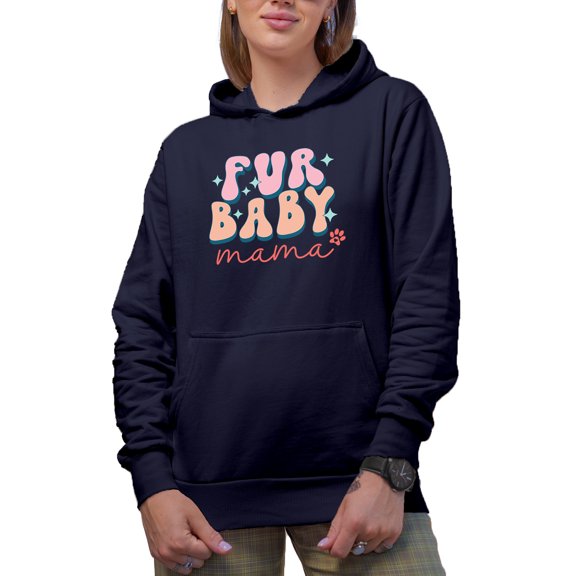 Fur Baby Mama feat. a Paw, Groovy Text Art Merch Gift, Navy Blue Hooded Sweatshirt or Hoodie, Medium