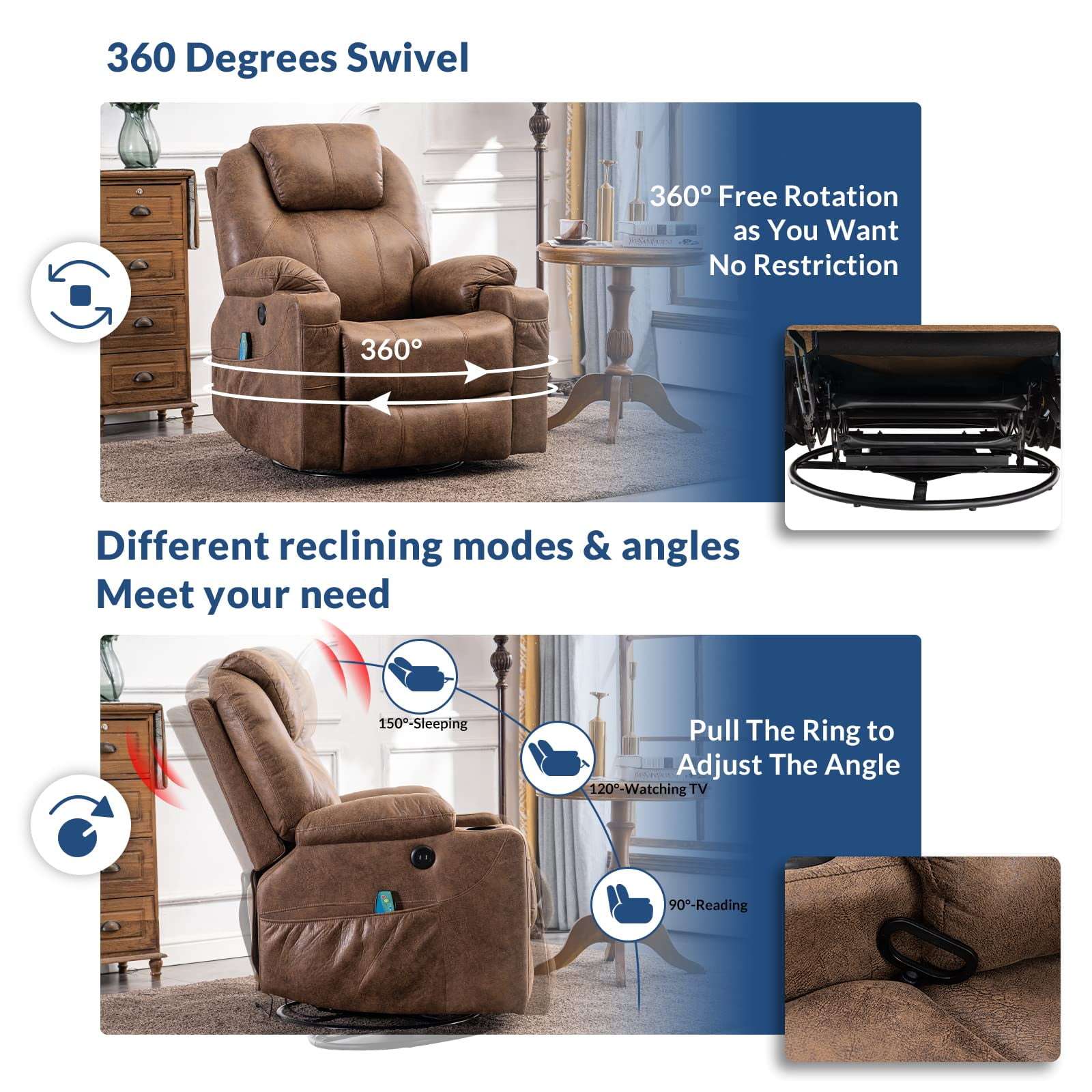 SOCIALCOMFY Manual Swivel Glider Rocker Recliner Chair with Heated Massage Ergonomic Lounge 360 Degree Swivel Sofa Seat with 2 Cup Holders, Side Pockets & USB Ports for Living Room, Brown