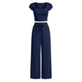 thumbnail image 4 of Women's Summer 2 Piece Matching Lounge Sets Short Sleeve Crop Tops Wide Leg Pants Airport Travel Outfits Navy L(L), 4 of 7