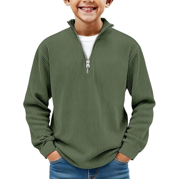 GUNIA Kids Toddler Boys Sweatshirt Quarter Zip Long Sleeve Corduroy Shirts Ribbed Casual Sweater Sweatshirts 3-14 Years Army Green