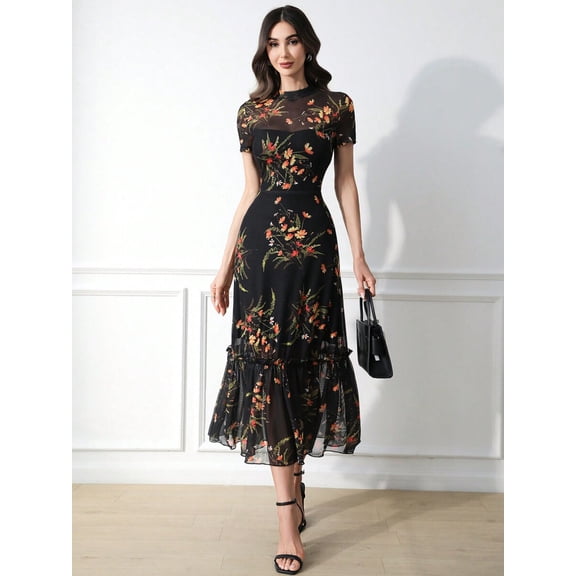 Multicolor Floral Print Mesh Round Neck Short Sleeve Waist Ruffle Hem Maxi Dress