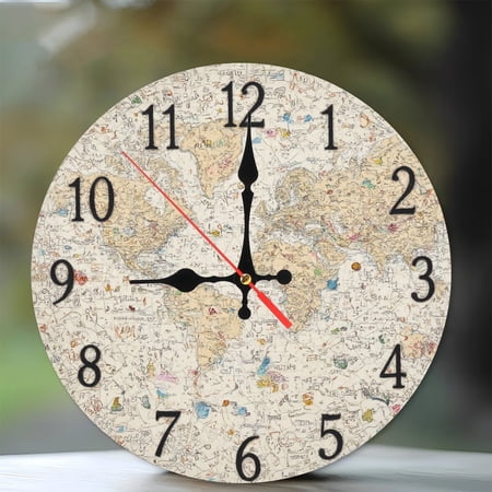 Vintage World Map Wall Clock Home Decor 10-Inch Silent Wooden Wall Clock, Battery Operated (AA Batteries Not Included), Artistic Home Decor