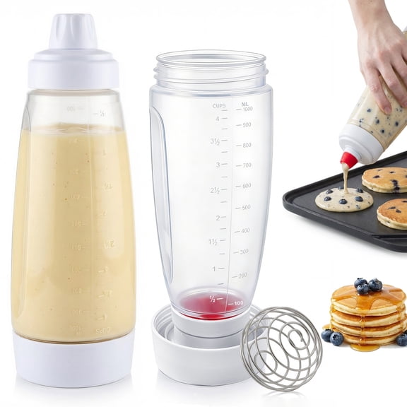 2 Pack Pancake Batter Dispenser, Pancake Mix Dispenser with Whisk Ball and Stand Base, Pancake Batter Mixer with BlenderBall for Pancakes, Crepes, Waffle, Muffins, Qatayef, Cupcakes, and more