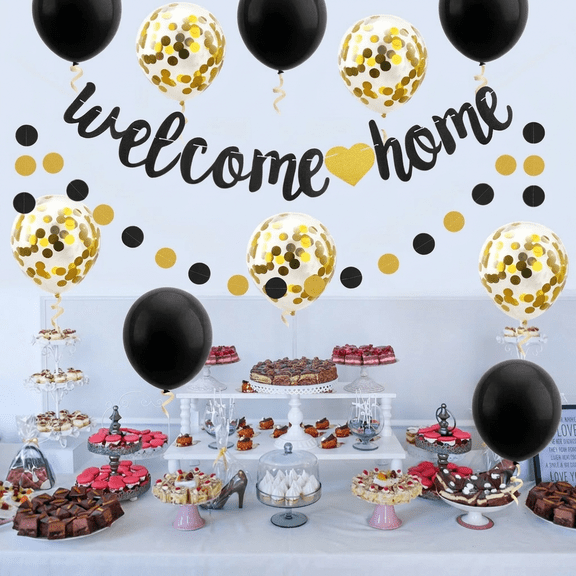 Welcome Home Decorations Banner Balloons Set, Gold Black Garland for New Home Family,Housewarming, Parties