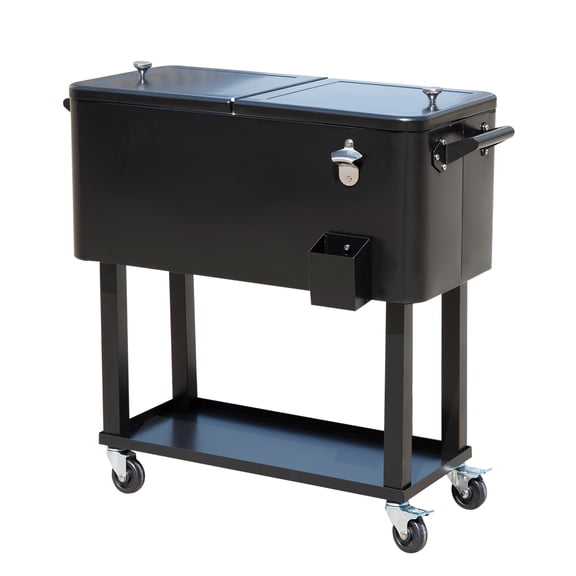 80 QT Rolling Cooling Bins Ice Chest on Wheels Outdoor Stand Up Drink Cooler Cart for Party, Black