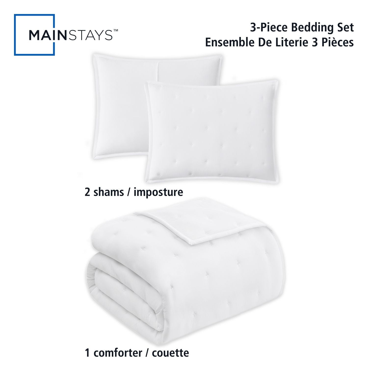 Mainstays 3-Piece Comforter Set, Arctic White, Double Queen, Double Queen