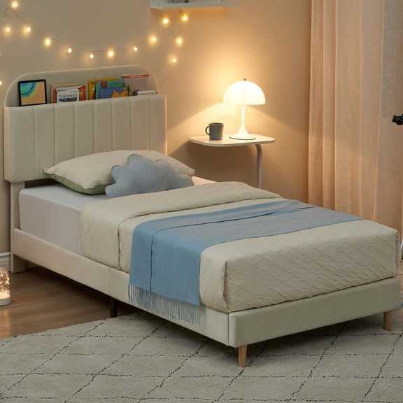 Set of 2 Twin Upholstered Platform Bed Frames with Bookcase Headboard – Heavy Duty Steel Support – Storage Drawer – Noise-Free, Easy Assembly – Cream White